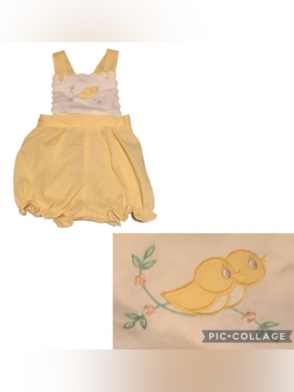 Vintage Embroidered Bird Bubble Romper Yellow White Green Size 6-9 Months V